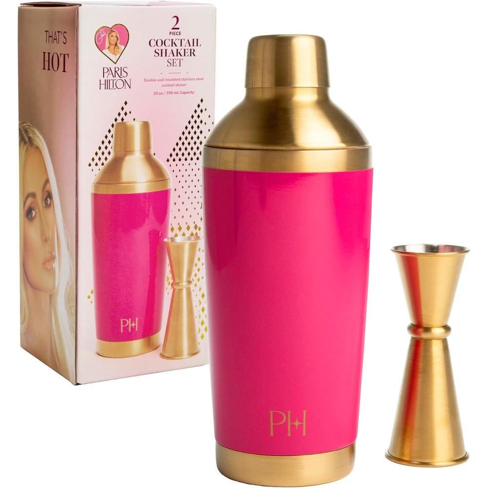 imageParis Hilton 2Piece Cocktail Shaker Set Double Wall Insulated Stainless Steel Mixer with BuiltIn Strainer and DoubleSided Jigger 20Ounce Gold and Hot Pink