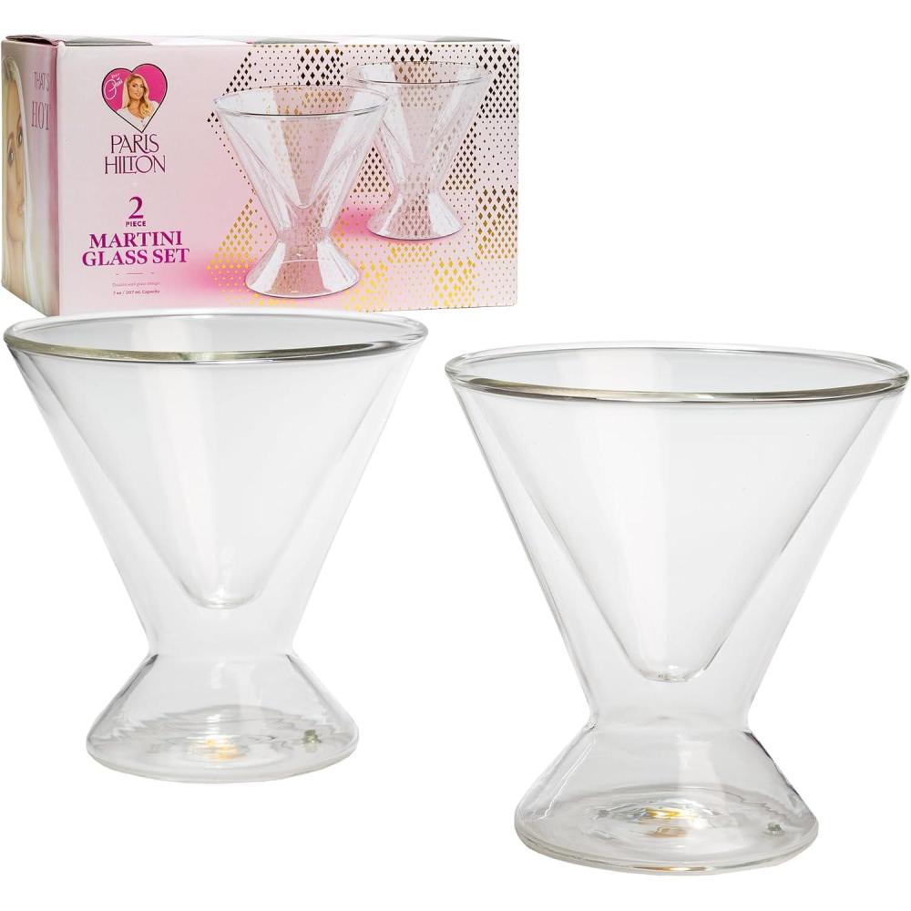 imageParis Hilton 2Piece Martini Glass Set Double Wall Glass Design Great for Martinis Cocktails Cosmopolitans Margaritas 207mL 7Ounce Iridescent with Glitter HeartsClear