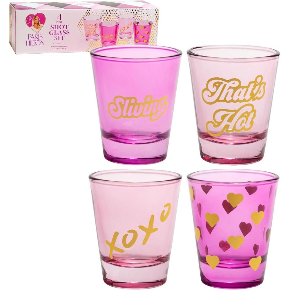 imageParis Hilton 4Piece Shot Glass Set Fun Decals on Every Glass 2Ounce Hot Pink and Light Pink