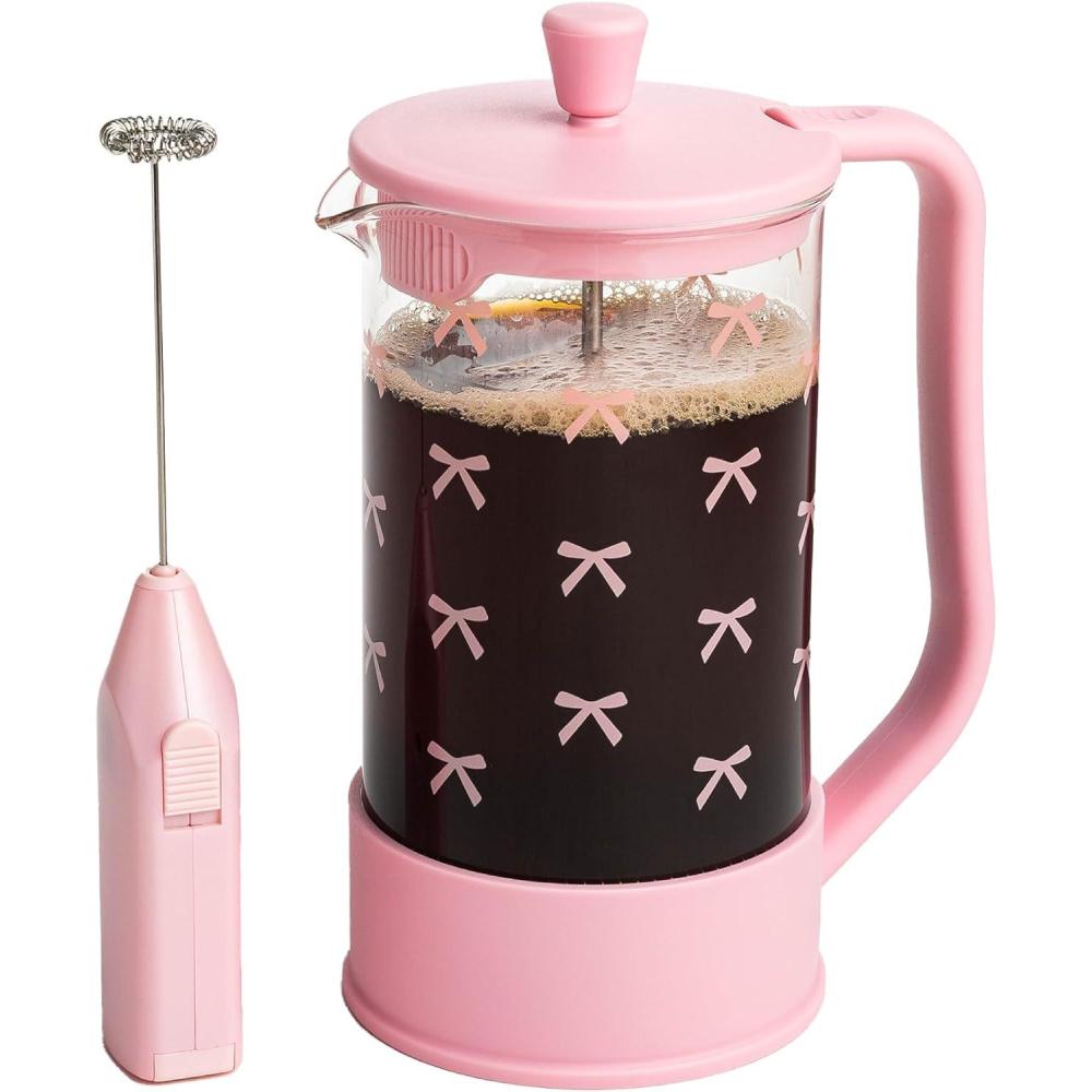imageParis Hilton Bow Design French Press and Frother Coffee Gift Set Includes a 8Cup Coffee Press and Battery Operated Handheld Milk Frother 2Piece Set Pink