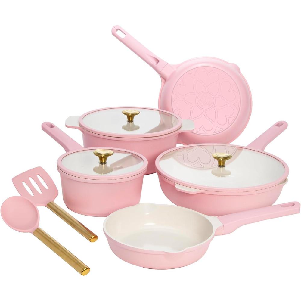 imageParis Hilton Ceramic Nonstick Cookware Set Cast Aluminum with Dual Layer Nonstick Coating Gold Heart Knobs StayCool Handles Made without PFAS PFOA PFOS ampamp PTFE Dishwasher Safe 10Piece CreamPink