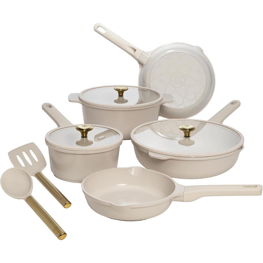 imageParis Hilton Ceramic Nonstick Cookware Set Cast Aluminum with Dual Layer Nonstick Coating Gold Heart Knobs StayCool Handles Made without PFAS PFOA PFOS ampamp PTFE Dishwasher Safe 10Piece CreamCream