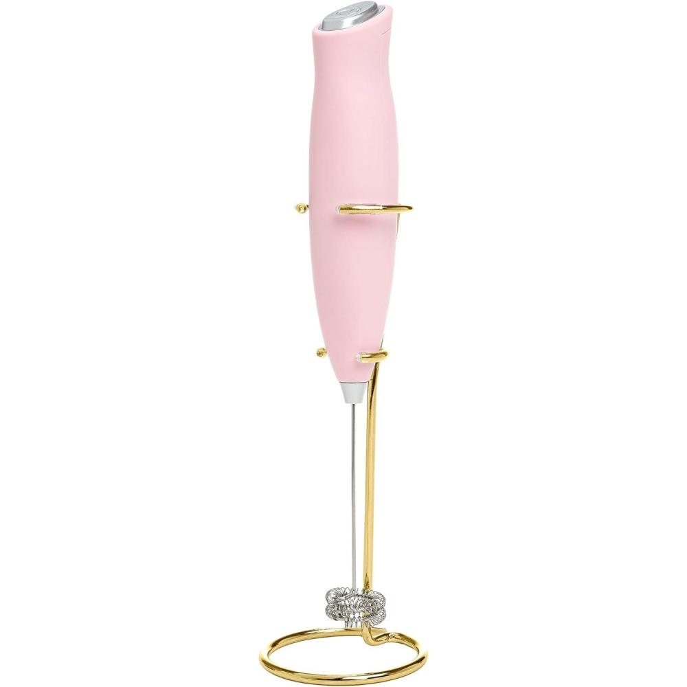 imageParis Hilton Electric Handheld Milk Frother with Double Coil Head Whisk and Gold Metal Stand Battery Powered 2 AA Batteries Required but Not Included Pink Sparkle Finish