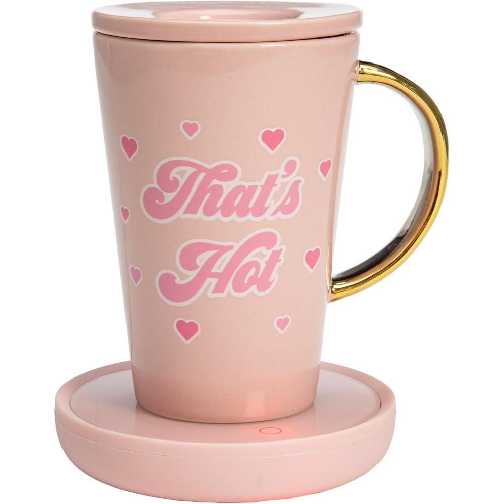 imageParis Hilton Electric Mug Warmer Set Electric Gravity Mug Warmer with 14Ounce Ceramic Coffee Mug with Lid Heat Sensitive Color Changing Design AutoShut Off 3Piece Set Pink and Gold