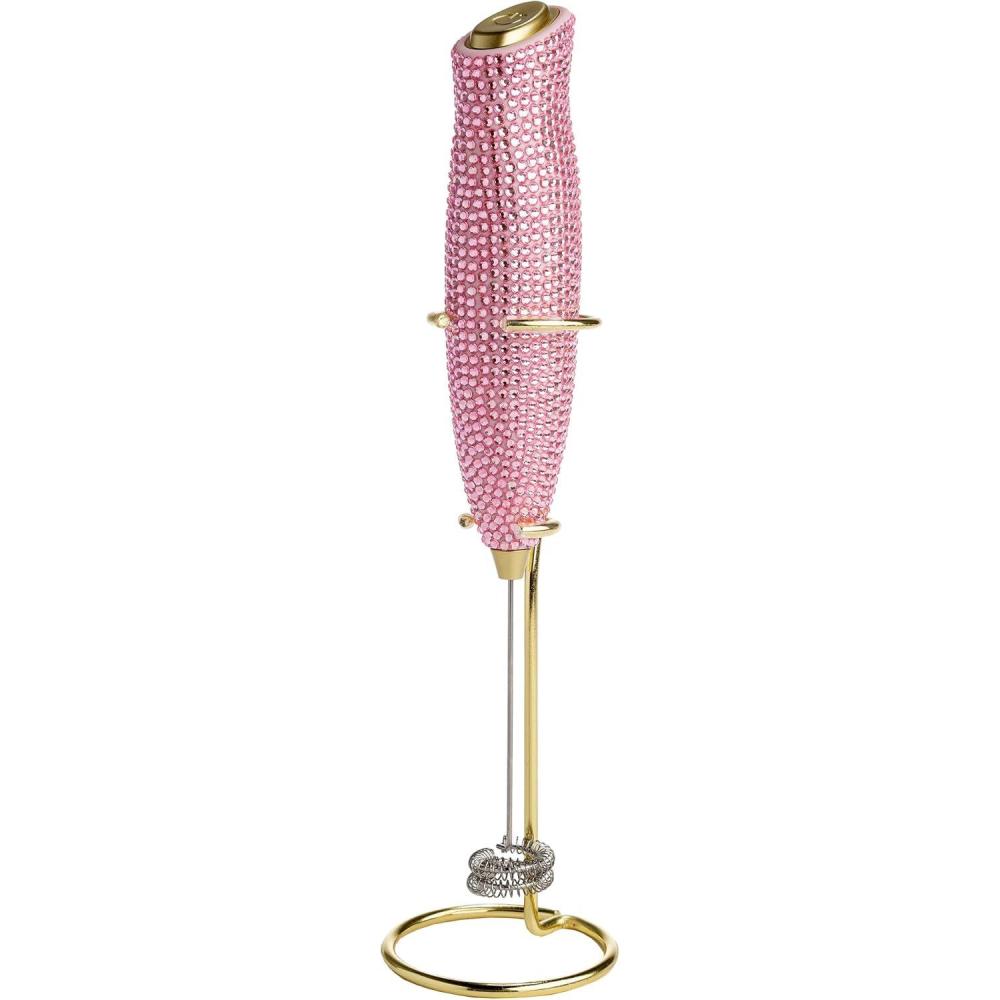 imageParis Hilton Electric Rhinestone Handheld Milk Frother with Double Coil Head Whisk and Gold Metal Stand Battery Powered 2 AA Batteries Required but Not Included Pink