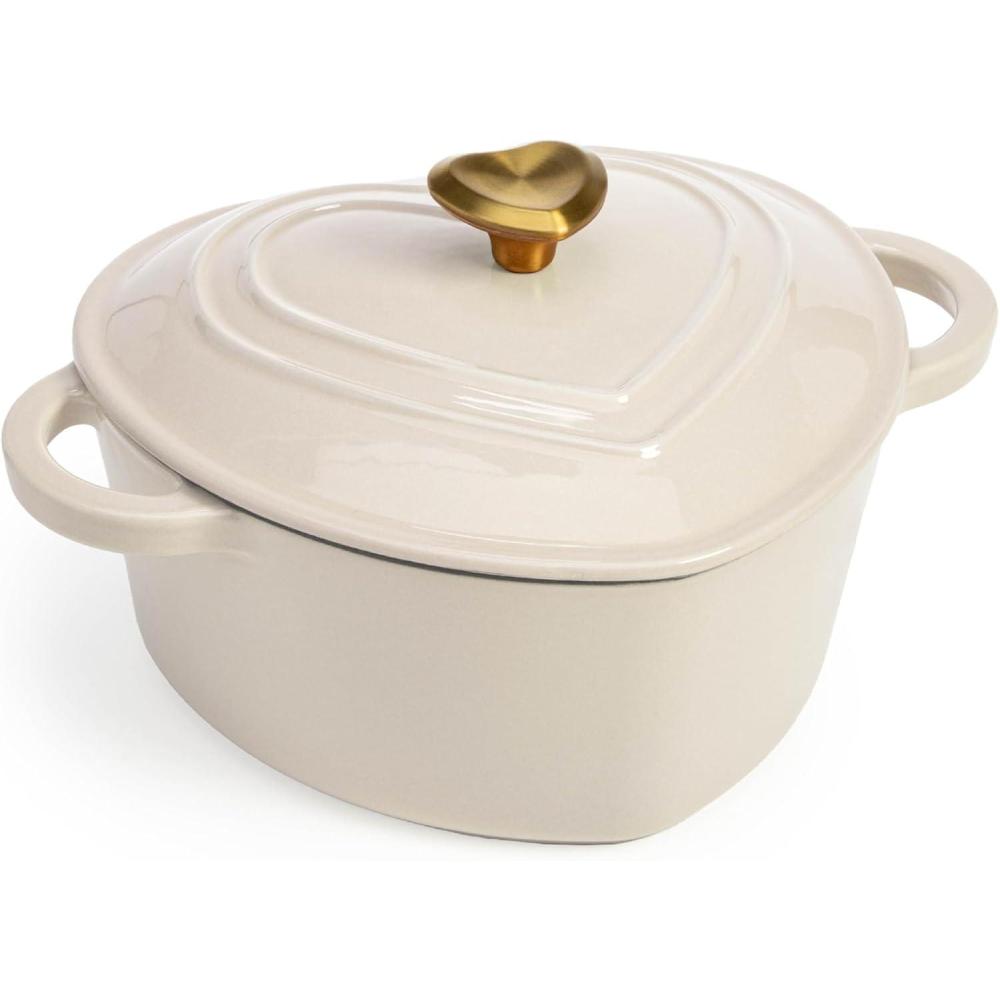 imageParis Hilton Enameled Cast Iron Dutch Oven HeartShaped Pot with Lid Dual Handles Works on All Stovetops Oven Safe to 500F 4Quart CreamCream