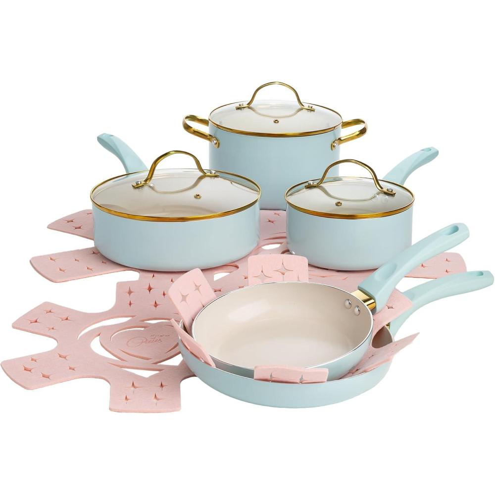 imageParis Hilton Epic Nonstick Pots and Pans Set Multilayer Nonstick Coating Tempered Glass Lids Soft Touch Stay Cool Handles Made without PFOA Dishwasher Safe Cookware Set 12Piece AquaAqua