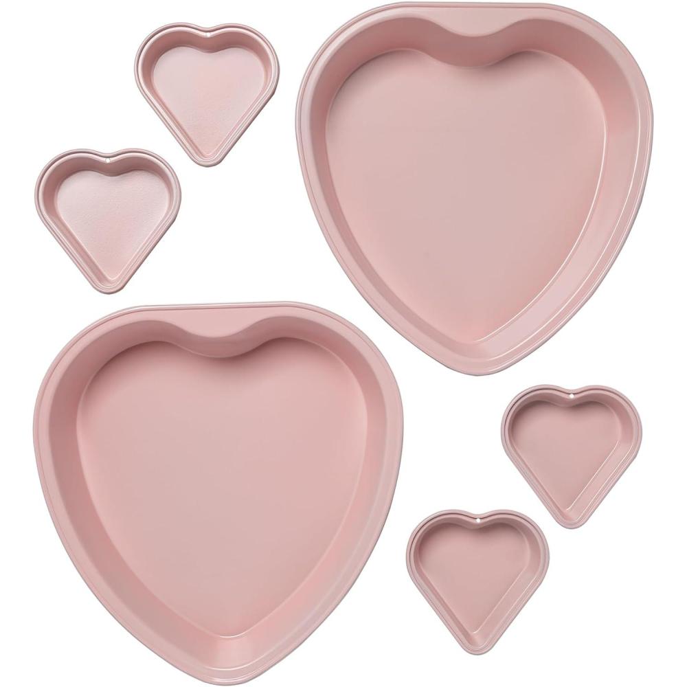 imageParis Hilton Heart Shaped Nonstick Bakeware Set Easy Release Carbon Steel Includes two 95Inch Pans and four Mini 35Inch Pans Dishwasher Safe Made without PFAS or PFOA 6Piece Set Pink