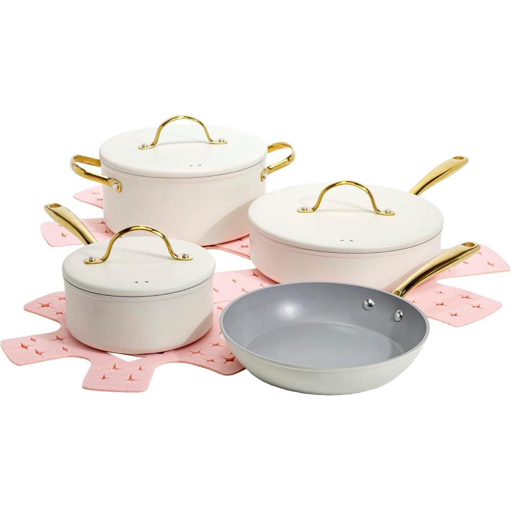 imageParis Hilton Iconic Nonstick Pots and Pans Set Multilayer Nonstick Coating Matching Lids With Gold Handles Made without PFOA Dishwasher Safe Cookware Set 10Piece PinkCream