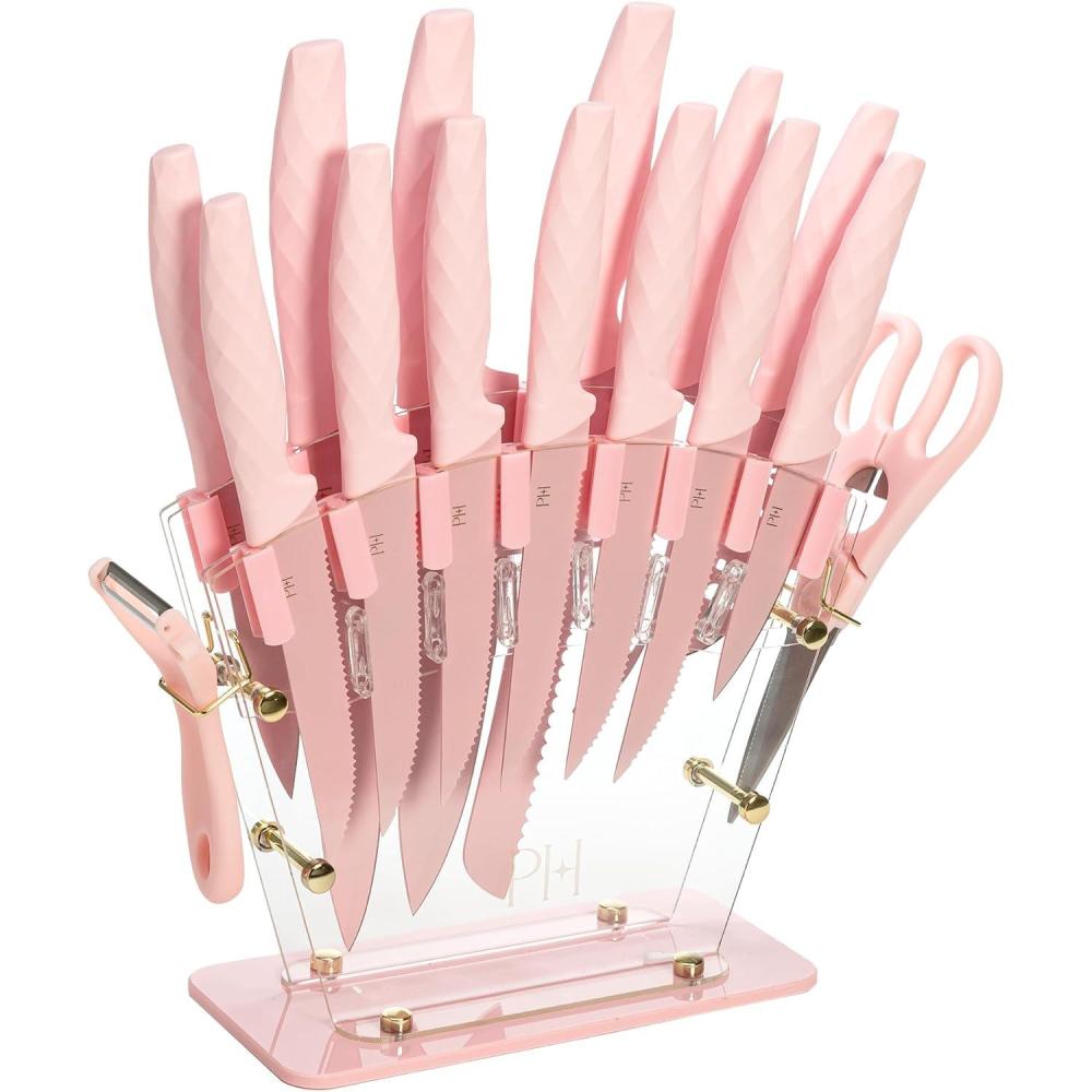 imageParis Hilton Knife Block Set with Fan Style Clear Acrylic Knife Block Premium Stainless Steel Blades with Nonstick Coating Comfort Grip Handles 16Piece Set Pink and Gold