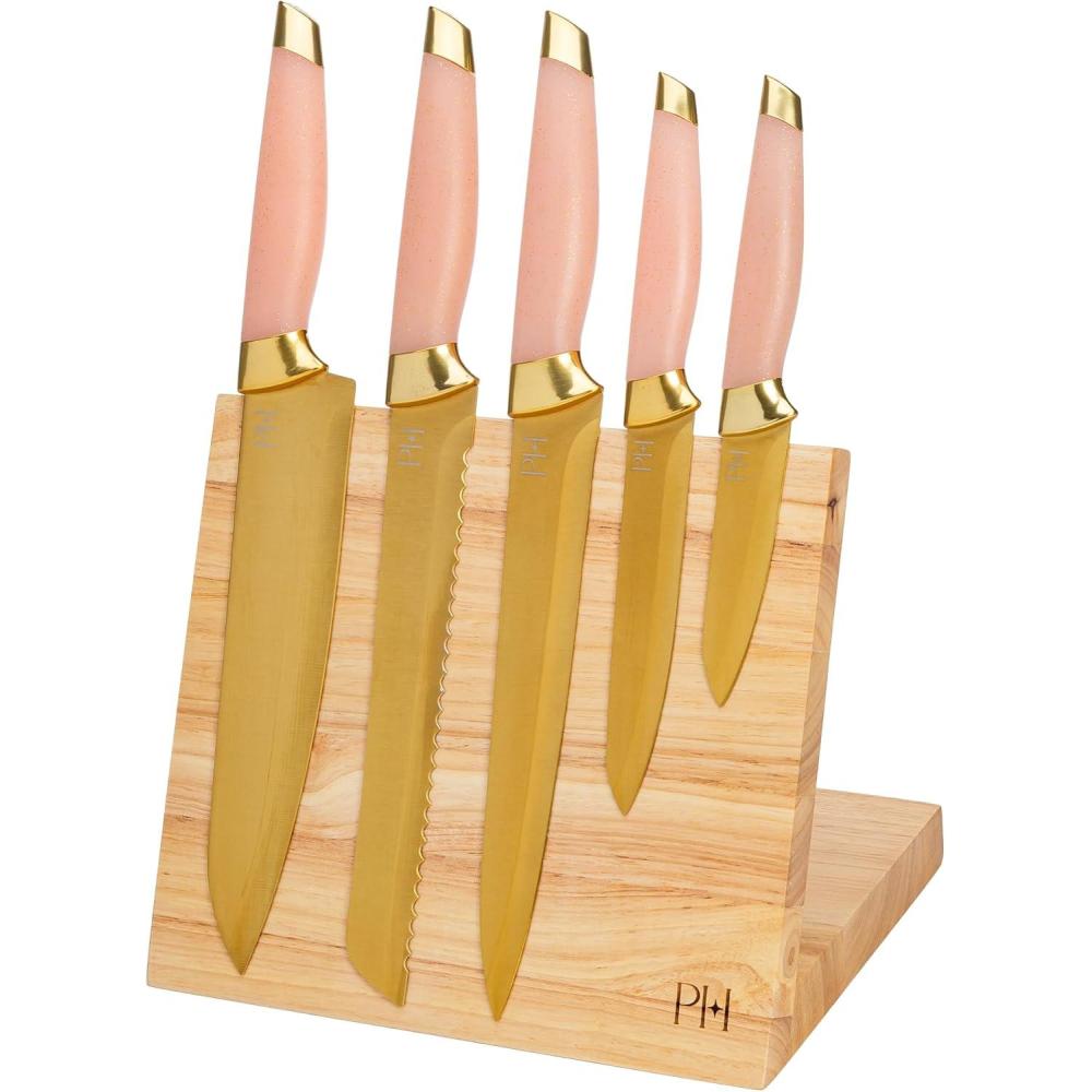 imageParis Hilton Knife Block Set with Magnetic Wooden Knife Block High Carbon Stainless Steel Blades with Titanium Coating Sleek Comfortable Grip Handles 6Piece Set Pink and Gold