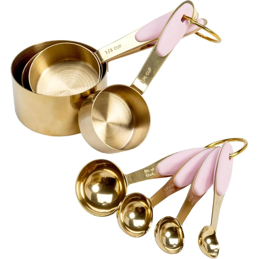 imageParis Hilton Measuring Cups and Spoons Set Stainless Steel with Pink Silicone Inset Handle Dishwasher Safe For Dry and Liquid Ingredients 8Piece Set Gold and Pink
