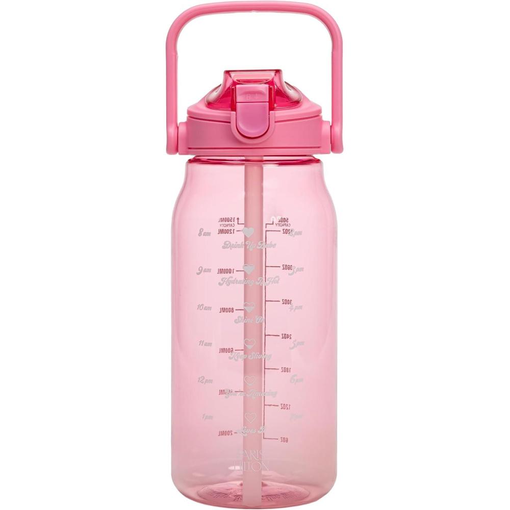 imageParis Hilton Motivational Water Bottle with Straw and Leakproof FlipTop Lid Motivational Time Markers Carry Handle for Travel Made without BPA 50Ounce Pink50 Ounces