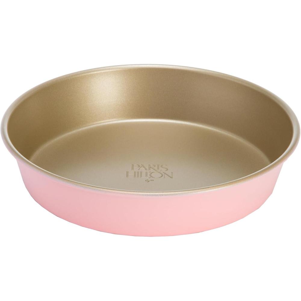 imageParis Hilton Nonstick Carbon Steel Bakeware Collection 9Inch Round Cake Pan Dishwasher Safe Made without PFOA and PFAS Pink Champagne TwoTonePink