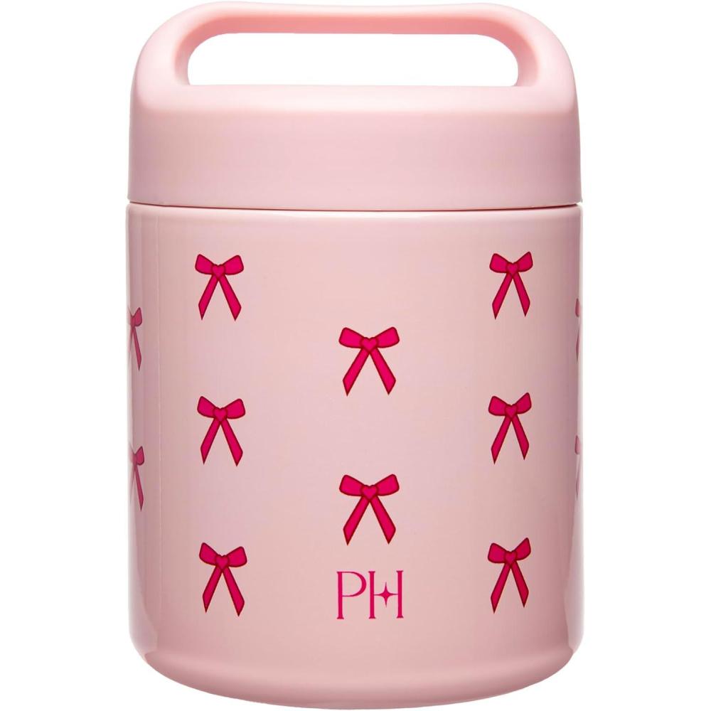 imageParis Hilton Stainless Steel Food Jar Double Wall Vacuum Sealed Insulated Food Storage Container with Carry Handle Lid 12Ounce Pink with Heart DesignPink Bows
