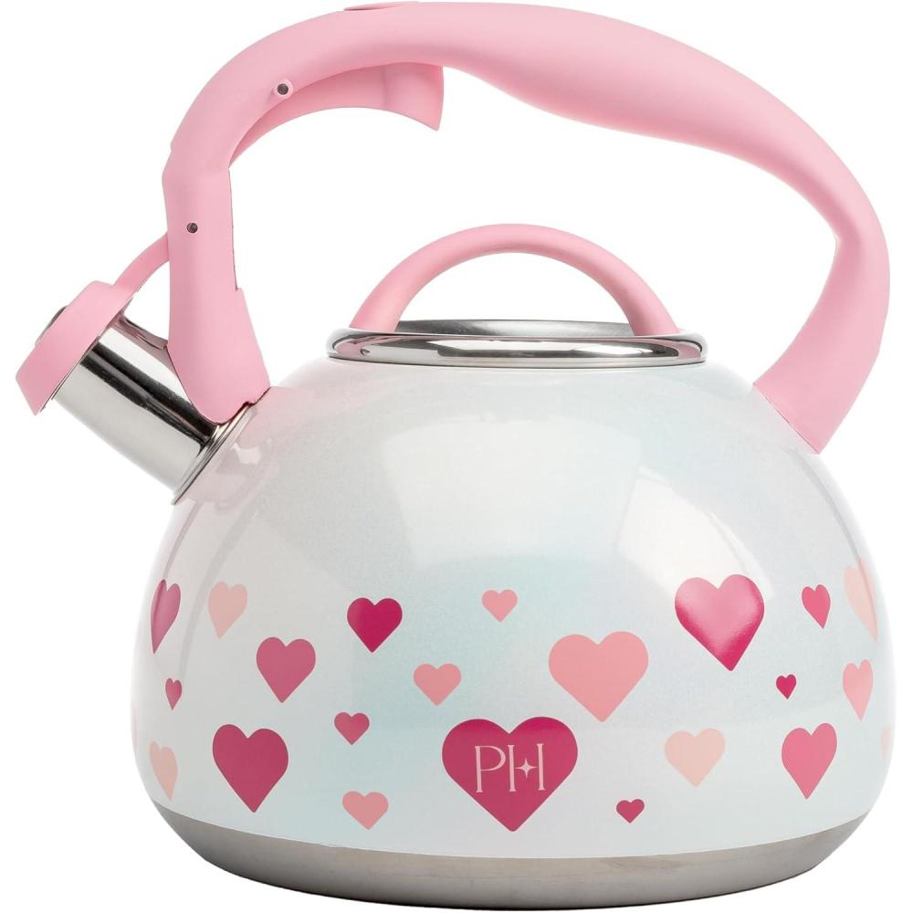 imageParis Hilton Whistling Stovetop Tea Kettle Stainless Steel with Rainbow Love Color Changing Heat Indicator Design Soft Touch Handle 25Quart Love RainbowIridescent Hearts