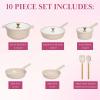 Paris Hilton Ceramic Nonstick Cookware Set, Cast Aluminum with Dual Layer Nonstick Coating, Gold Heart Knobs, Stay-Cool Handles, Made without PFAS, PFOA, PFOS & PTFE, Dishwasher Safe, 10-Piece, Cream(Cream)
