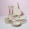 Paris Hilton Ceramic Nonstick Cookware Set, Cast Aluminum with Dual Layer Nonstick Coating, Gold Heart Knobs, Stay-Cool Handles, Made without PFAS, PFOA, PFOS & PTFE, Dishwasher Safe, 10-Piece, Cream(Cream)