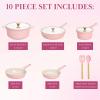 Paris Hilton Ceramic Nonstick Cookware Set, Cast Aluminum with Dual Layer Nonstick Coating, Gold Heart Knobs, Stay-Cool Handles, Made without PFAS, PFOA, PFOS & PTFE, Dishwasher Safe, 10-Piece, Cream(Pink)
