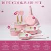 Paris Hilton Ceramic Nonstick Cookware Set, Cast Aluminum with Dual Layer Nonstick Coating, Gold Heart Knobs, Stay-Cool Handles, Made without PFAS, PFOA, PFOS & PTFE, Dishwasher Safe, 10-Piece, Cream(Pink)