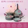 Paris Hilton Epic Nonstick Pots and Pans Set, Multi-layer Nonstick Coating, Tempered Glass Lids, Soft Touch, Stay Cool Handles, Made without PFOA, Dishwasher Safe Cookware Set, 12-Piece, Aqua(Gray)