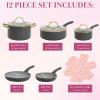 Paris Hilton Epic Nonstick Pots and Pans Set, Multi-layer Nonstick Coating, Tempered Glass Lids, Soft Touch, Stay Cool Handles, Made without PFOA, Dishwasher Safe Cookware Set, 12-Piece, Aqua(Gray)