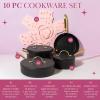 Paris Hilton Iconic Nonstick Pots and Pans Set, Multi-layer Nonstick Coating, Matching Lids With Gold Handles, Made without PFOA, Dishwasher Safe Cookware Set, 10-Piece, Pink(Black)