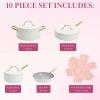 Paris Hilton Iconic Nonstick Pots and Pans Set, Multi-layer Nonstick Coating, Matching Lids With Gold Handles, Made without PFOA, Dishwasher Safe Cookware Set, 10-Piece, Pink(Cream)