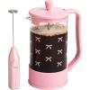 Paris Hilton Bow Design French Press and Frother Coffee Gift Set, Includes a 8-Cup Coffee Press and Battery Operated Handheld Milk Frother, 2-Piece Set, Pink