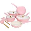 Paris Hilton Ceramic Nonstick Cookware Set, Cast Aluminum with Dual Layer Nonstick Coating, Gold Heart Knobs, Stay-Cool Handles, Made without PFAS, PFOA, PFOS & PTFE, Dishwasher Safe, 10-Piece, Cream(Pink)