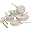 Paris Hilton Ceramic Nonstick Cookware Set, Cast Aluminum with Dual Layer Nonstick Coating, Gold Heart Knobs, Stay-Cool Handles, Made without PFAS, PFOA, PFOS & PTFE, Dishwasher Safe, 10-Piece, Cream(Cream)