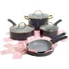 Paris Hilton Epic Nonstick Pots and Pans Set, Multi-layer Nonstick Coating, Tempered Glass Lids, Soft Touch, Stay Cool Handles, Made without PFOA, Dishwasher Safe Cookware Set, 12-Piece, Aqua(Gray)