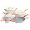 Paris Hilton Iconic Nonstick Pots and Pans Set, Multi-layer Nonstick Coating, Matching Lids With Gold Handles, Made without PFOA, Dishwasher Safe Cookware Set, 10-Piece, Pink(Cream)