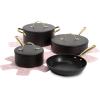 Paris Hilton Iconic Nonstick Pots and Pans Set, Multi-layer Nonstick Coating, Matching Lids With Gold Handles, Made without PFOA, Dishwasher Safe Cookware Set, 10-Piece, Pink(Black)