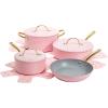 Paris Hilton Iconic Nonstick Pots and Pans Set, Multi-layer Nonstick Coating, Matching Lids With Gold Handles, Made without PFOA, Dishwasher Safe Cookware Set, 10-Piece, Pink(Pink)