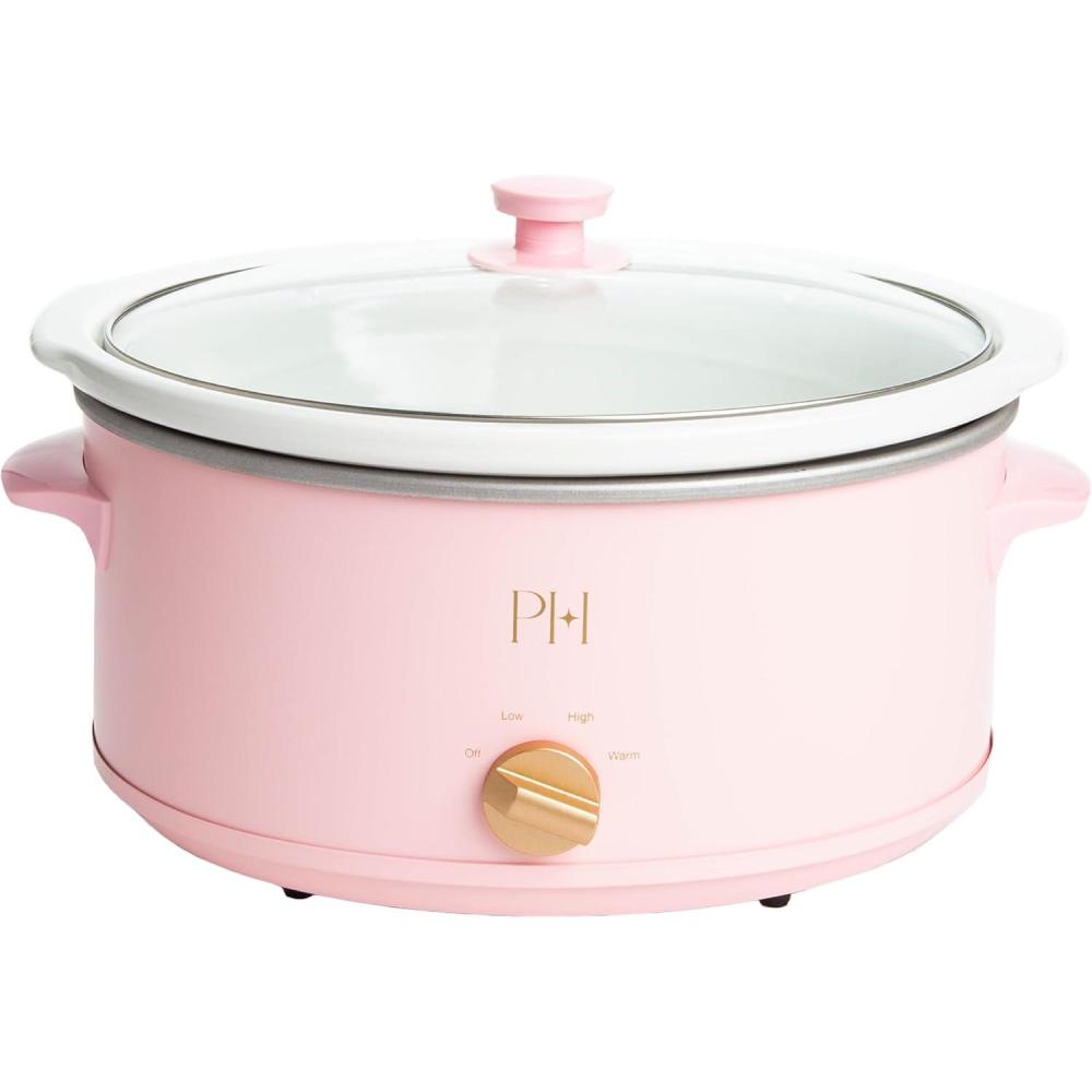 imageParis Hilton 6Quart Manual Slow Cooker Features Three Settings Low High Warm Naturally Nonstick and Dishwasher Safe Stoneware Insert Family Sized Capacity WhitePink