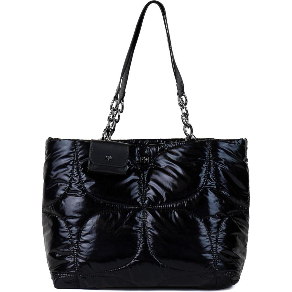 imageParis Hilton Casson Puffy Quilted Oversized Tote Purse with Chain Strap and Removable Keychain Headphones Holder Shiny Black