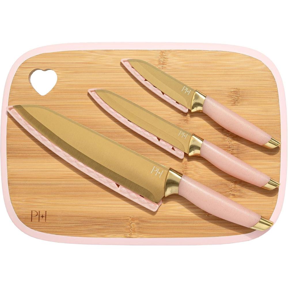 imageParis Hilton Reversible Bamboo Cutting Board and Cutlery Set with Matching High Carbon Stainless Steel Knives Blade Guards Sleek Yet Comfortable Handle Grips 7Piece Set Gold Pink