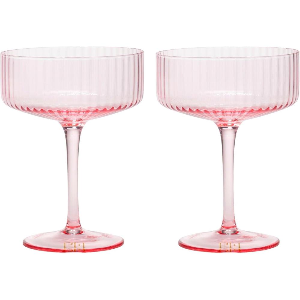 imageParis Hilton Ribbed Wine Glass Set Elegant Fluted Glassware Perfect for Red Wine or White Wine Set of 2 18Ounce PinkCoupe Glass