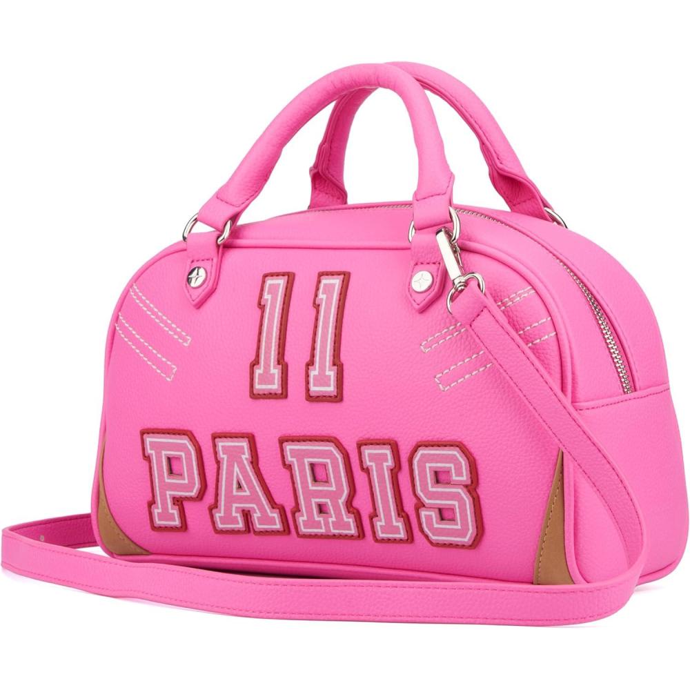 imageParis Hilton Varsity Bowler Satchel Hand Bag Purse with Removable Strap Vegan Leather Black Pink SportyPink Bowler