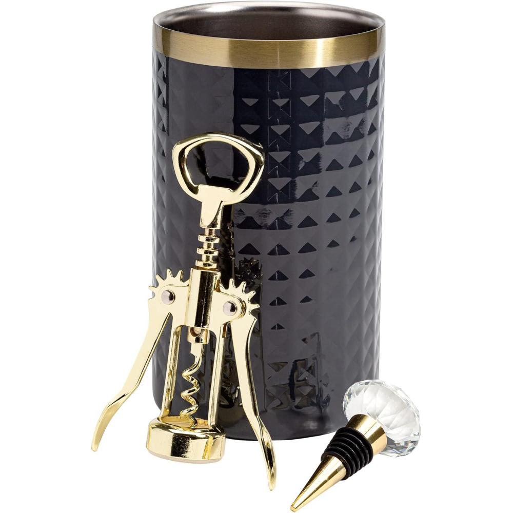 imageParis Hilton Wine Bottle Chiller Set Insulated Double Wall Chiller Gold Winged Corkscrew Wine Bottle Opener Diamond Wine Stopper 3Piece Set PinkCharcoal Gray