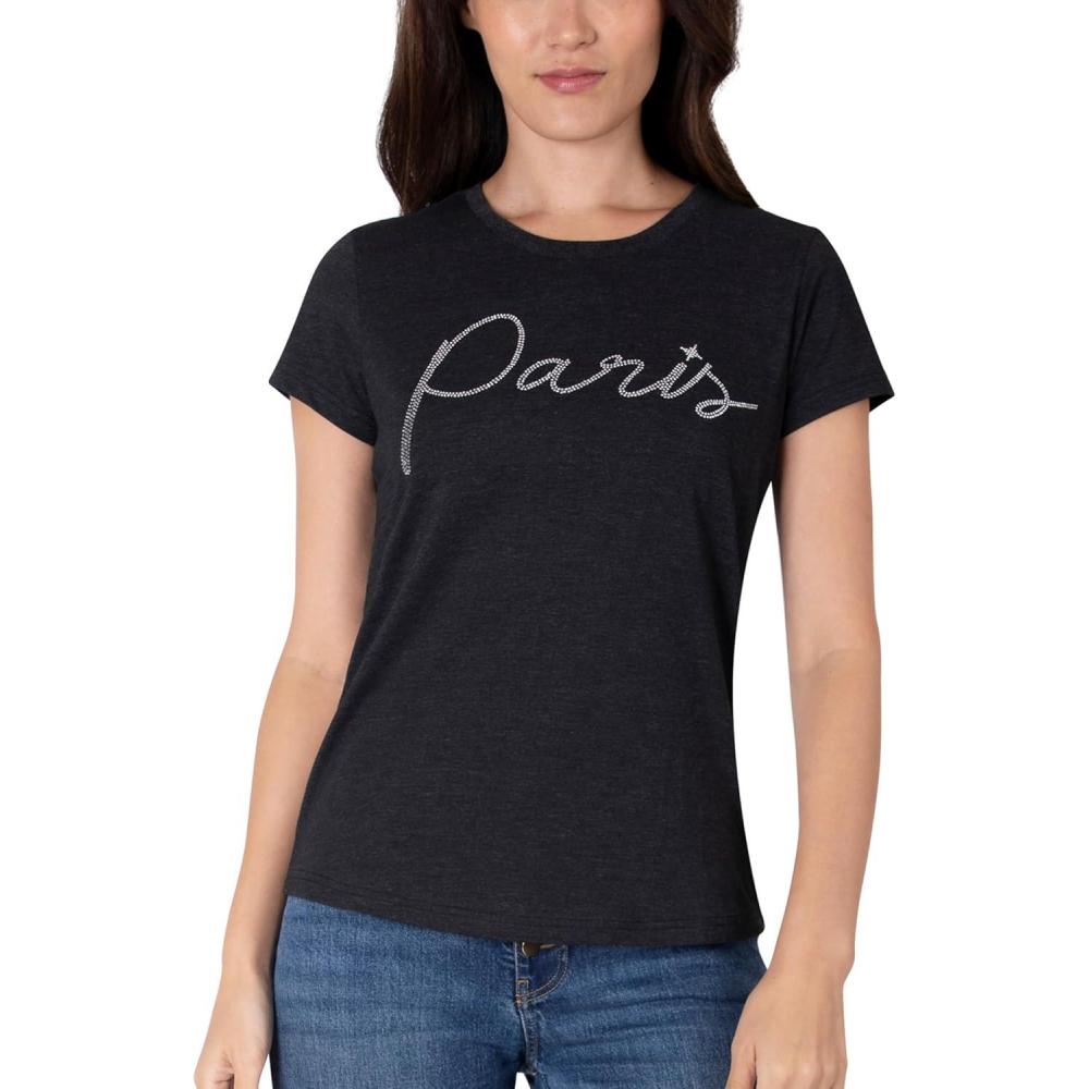 imageParis Hilton Womens Fashion TShirt Embellished Graphics Short Sleeve Crew Neck TopsBlack Paris