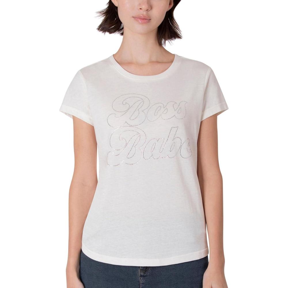 imageParis Hilton Womens Fashion TShirt Embellished Graphics Short Sleeve Crew Neck TopsWhite Boss Babe