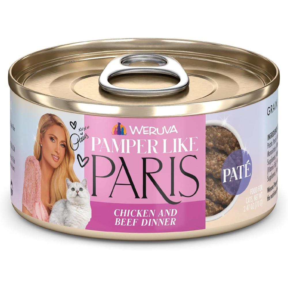 imageWeruva Paris Hilton Pamper Like Paris Natural Grain Free Wet Cat Food Chicken and Beef Pat 247oz Can Pack of 12