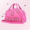 Paris Hilton Varsity Bowler Satchel Hand Bag Purse with Removable Strap Vegan Leather Black Pink Sporty(Pink Bowler)