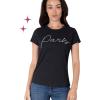 Paris Hilton Women’s Fashion T-Shirt Embellished Graphics Short Sleeve Crew Neck Tops(Black Paris)