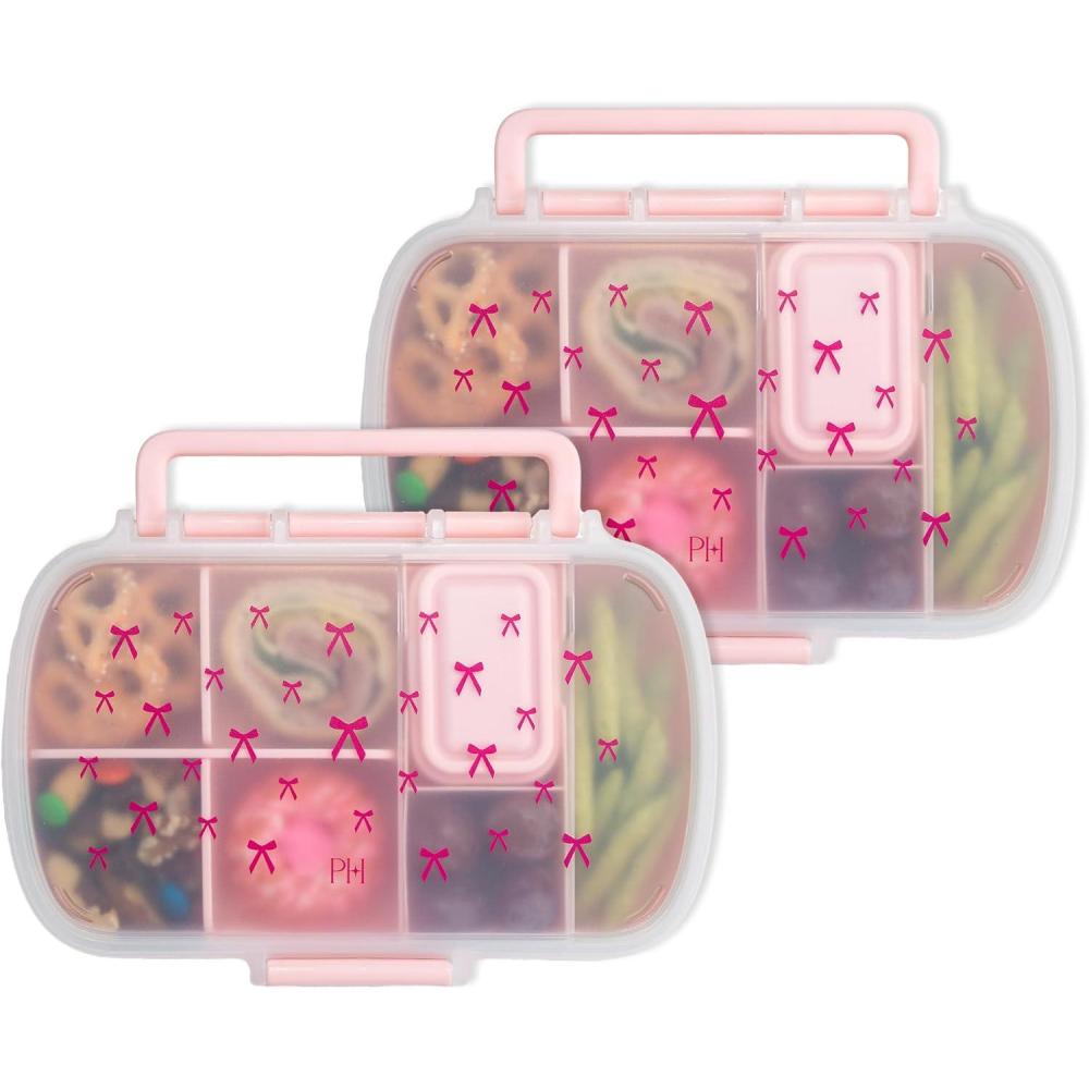 imageParis Hilton 2Pack Bento Style Snack Boxes 7Compartment Lunch Containers with BuiltIn Phone Stand Removable Dividers and Dip Containers Pink Bow PrintPink Bow Print