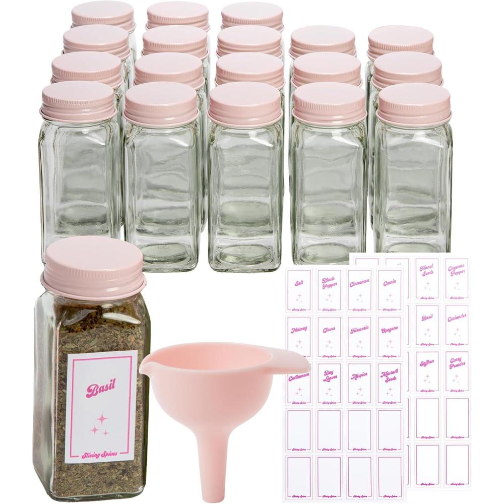 imageParis Hilton Glass Spice Jar Storage Set 4Ounce Empty Spice Jars with Labels Shaker Caps and Metal Lids Collapsible Funnel Included 20Piece PinkStandard