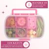 Paris Hilton 2-Pack Bento Style Snack Boxes, 7-Compartment Lunch Containers with Built-In Phone Stand, Removable Dividers and Dip Containers, Pink Bow Print(Pink Heart Print)