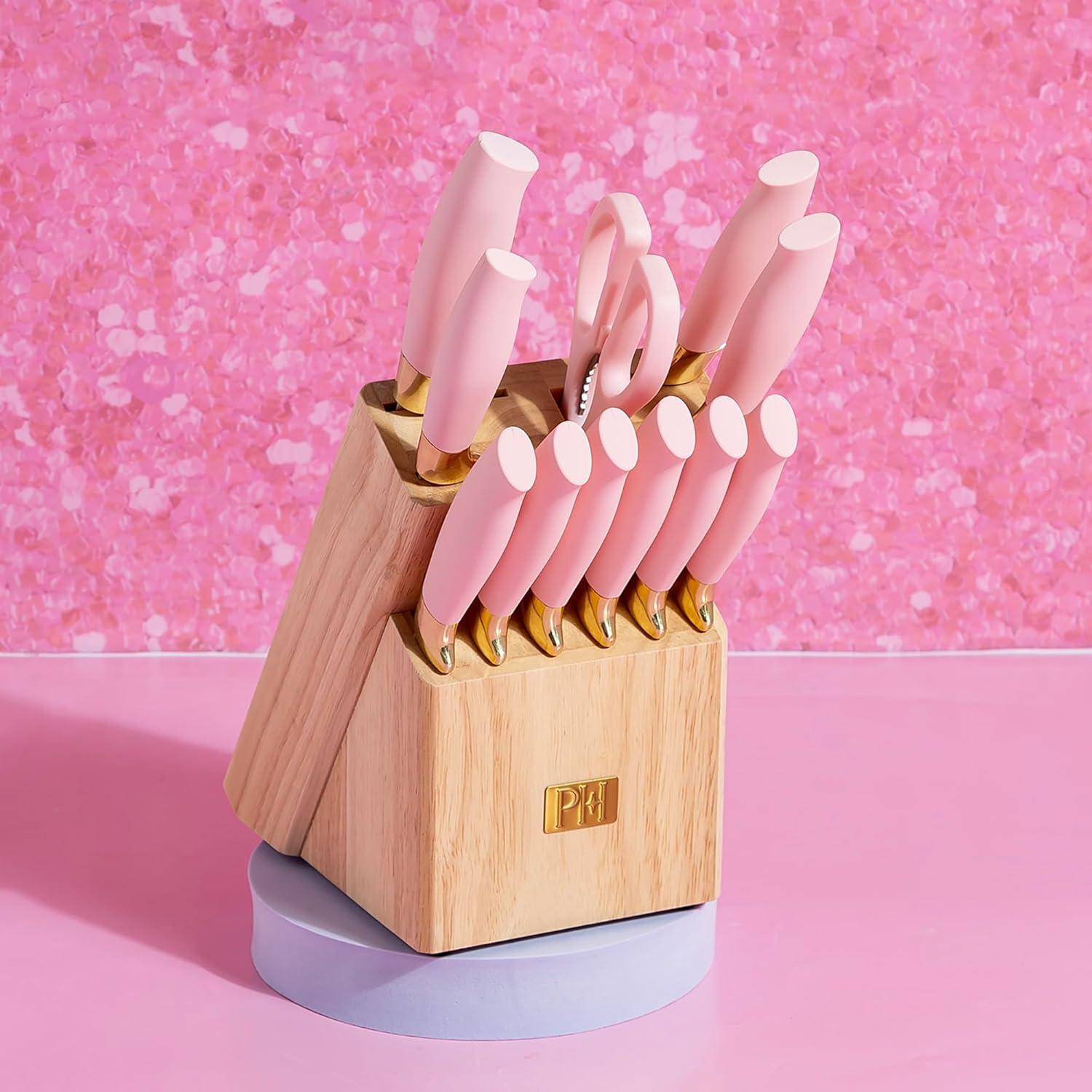 imageParis Hilton 12Piece Knife Set with Block HighCarbon Stainless Steel Cutlery Precision Blades and Ergonomic Handles Pink